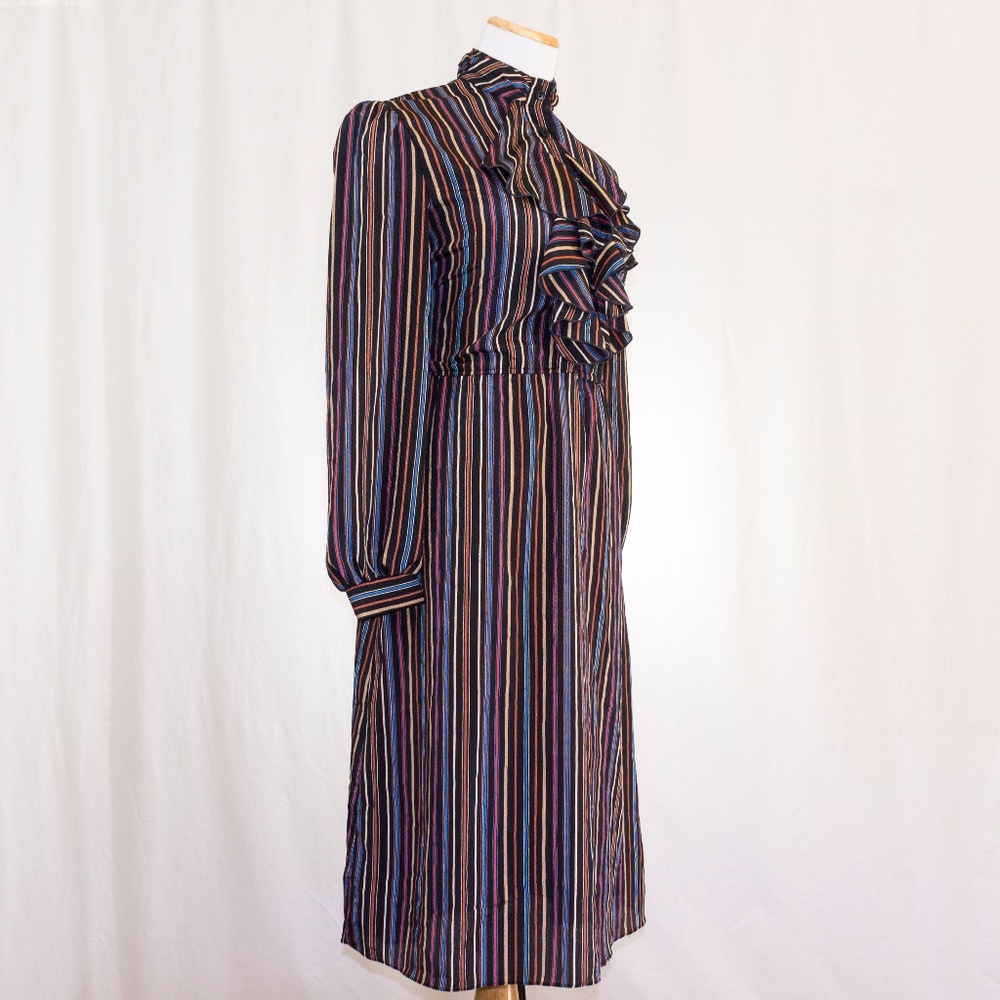 70s Ruffle Front Striped Dress - Picture 3 of 8