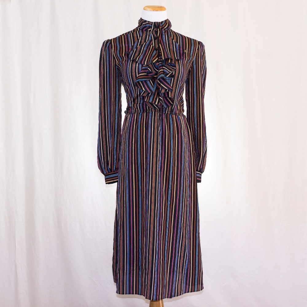 70s Ruffle Front Striped Dress - Picture 2 of 8