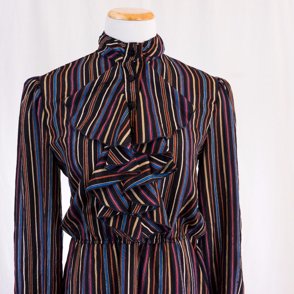 70s Ruffle Front Striped Dress - Picture 5 of 8