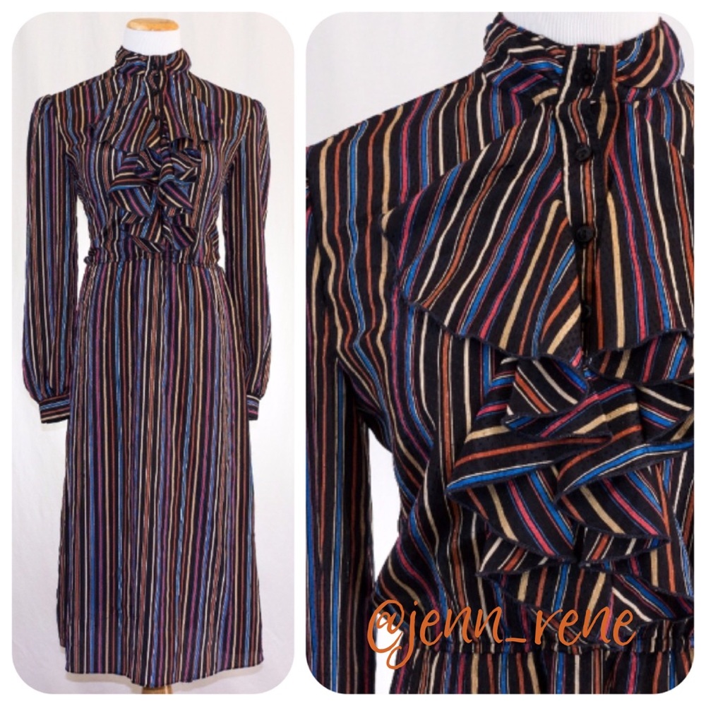 70s Ruffle Front Striped Dress
