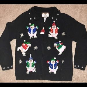 ☃️Dancing Sequined Snowman Christmas Zip Sweater S