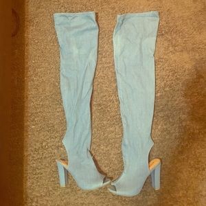 Denim thigh high boots