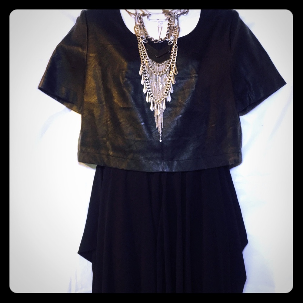 Modern Flowy Asymmetrical Dress with Faux Leather