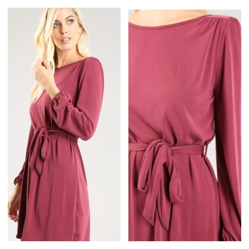 Wine Long Sleeve Tie Waist Mini Dress - Picture 2 of 2