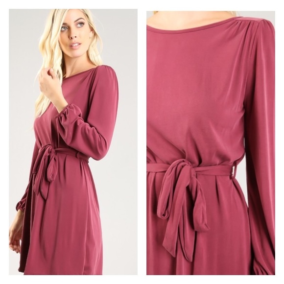 Wine Long Sleeve Tie Waist Mini Dress - Picture 2 of 2