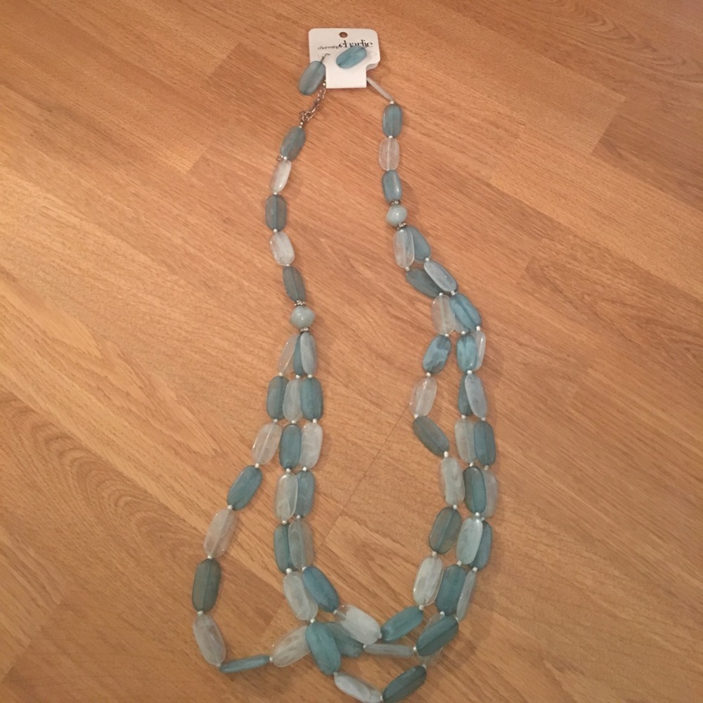 Long blue necklace and earrings