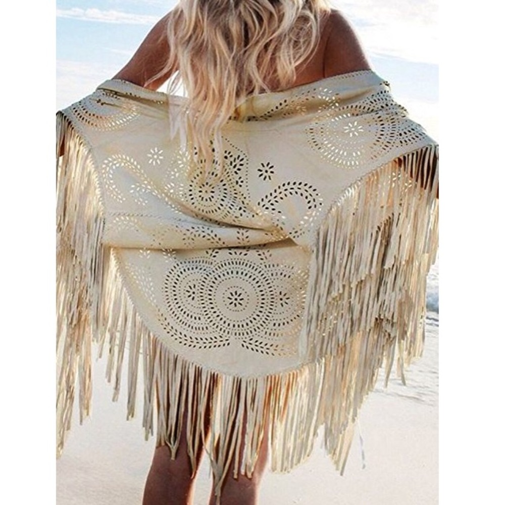 Asymmetric Fringed Cape Kimono Blouse with Tassel