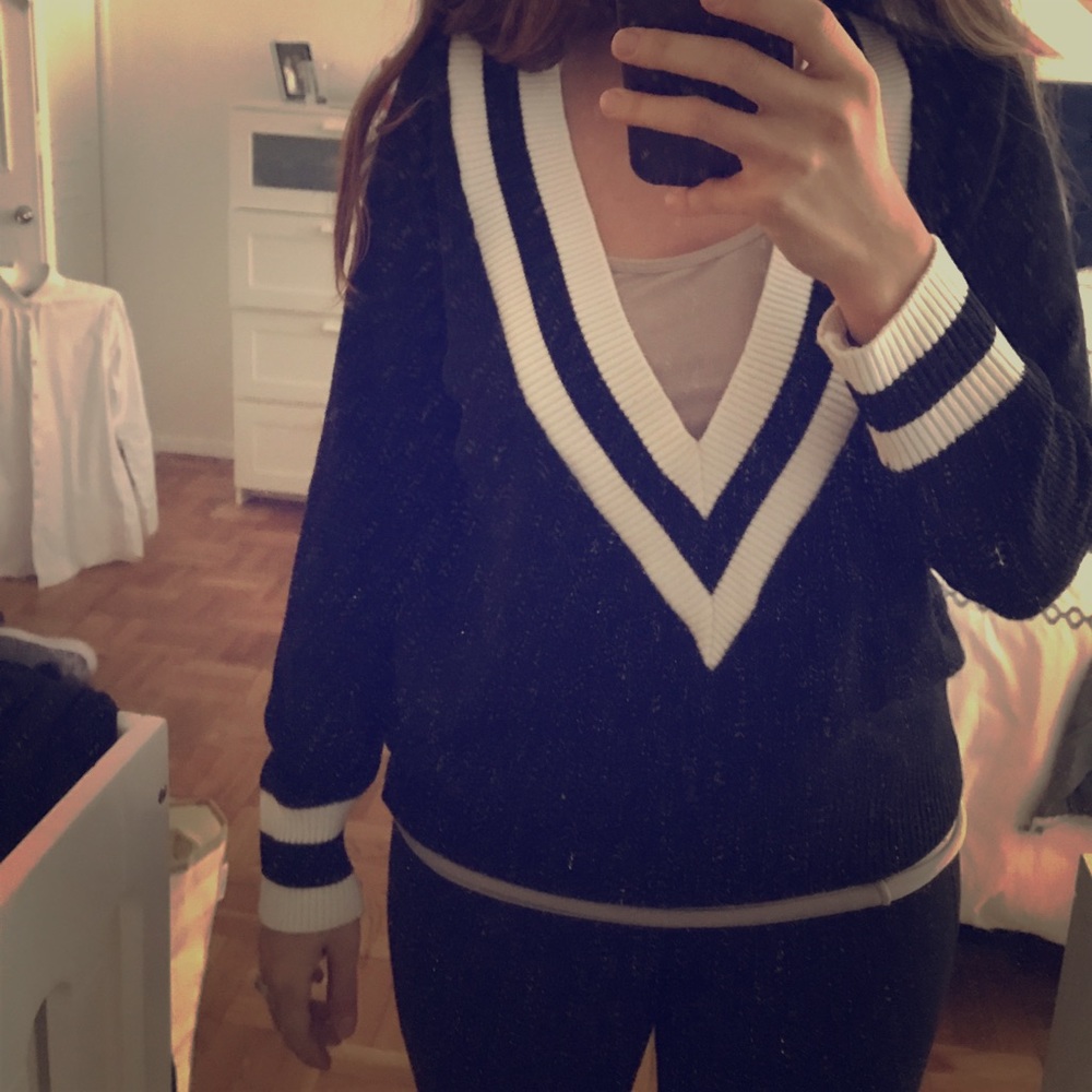 Varsity deep V sweater in black and white