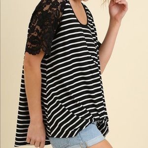 Black and white tee with black lace sleeves