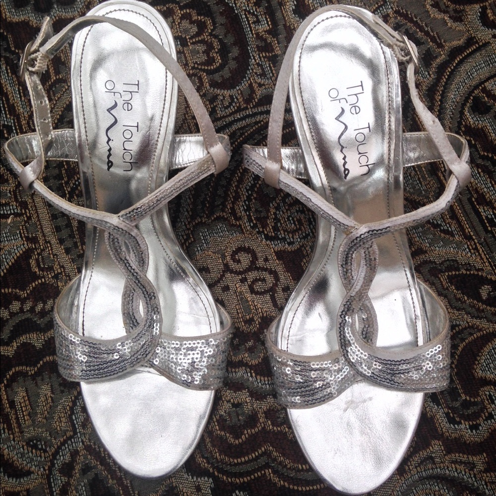 silver-colored satin-sequin metallic heels