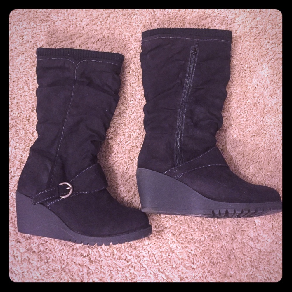 Black suede slouchy mid calf boots