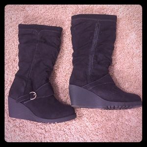 Black suede slouchy mid calf boots