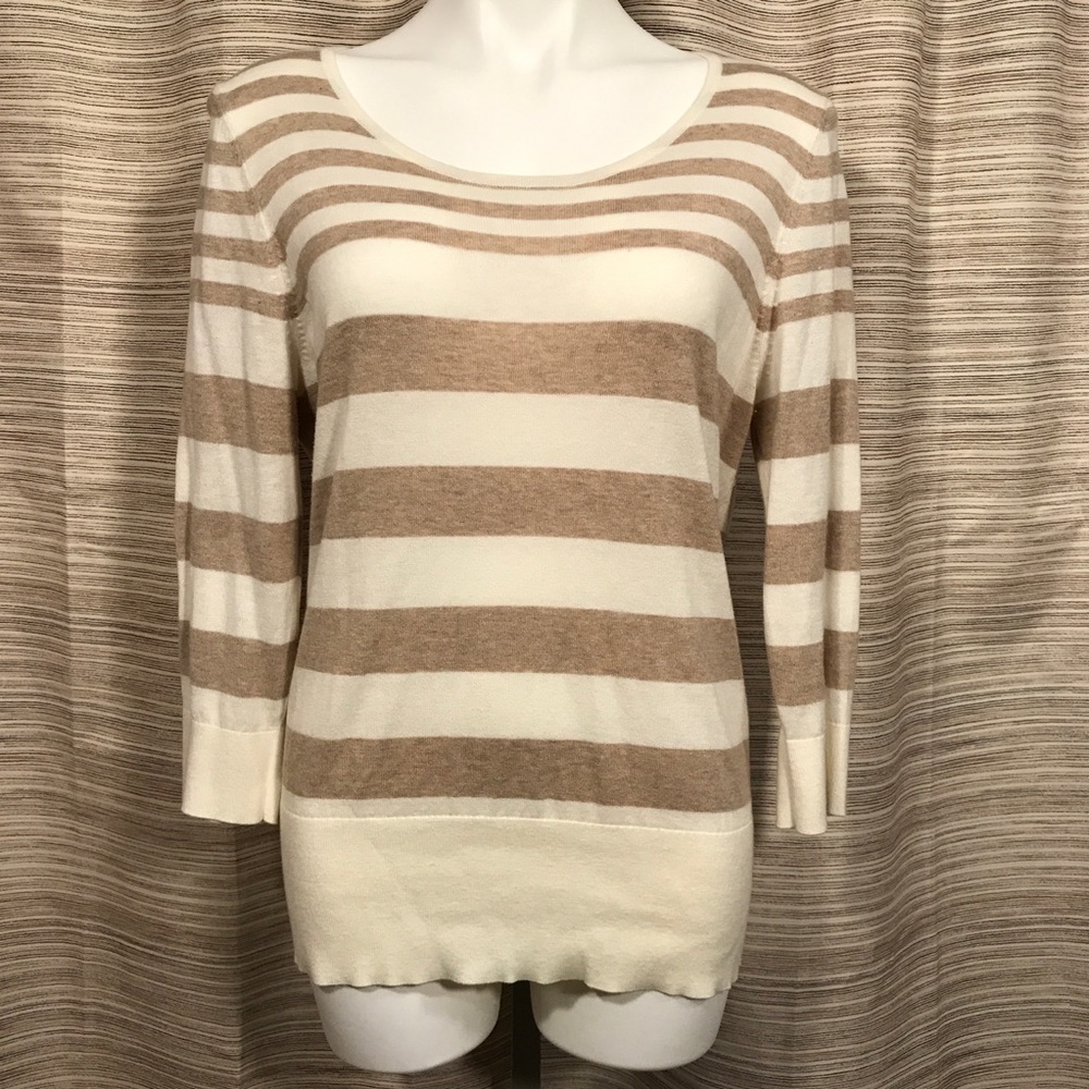 Loft Striped Cream and Brown Long Sleeve Sweater - Picture 1 of 5