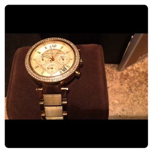 Authentic Mk gold and creme stoned watch