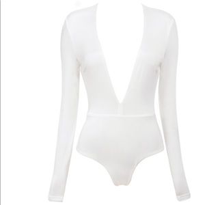 Light pink silky stretch bodysuit deep V