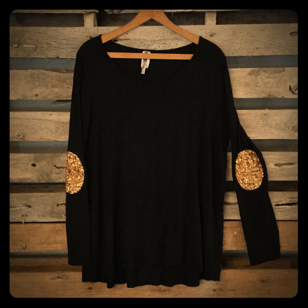 Shirt with gold sequined elbow patches