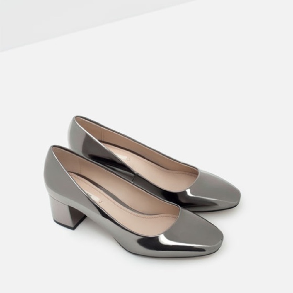 Zara Silver Metallic Shiny Square Toe Court Shoes