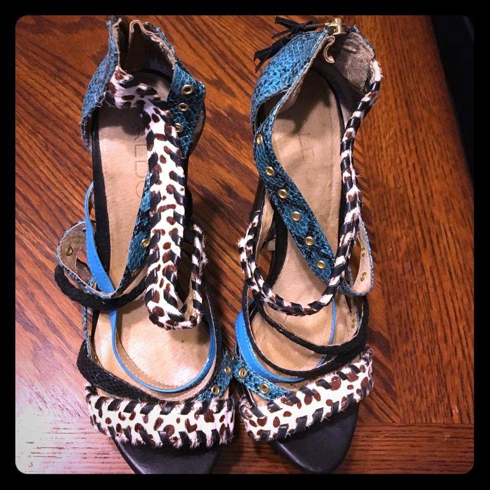 Aldo strappy teal black and animal print heels