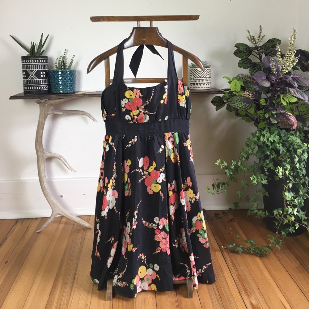 Black floral print silk dress