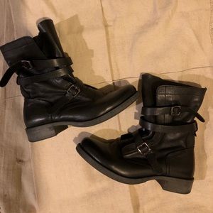 Black soft leather slip on strappy biker boot