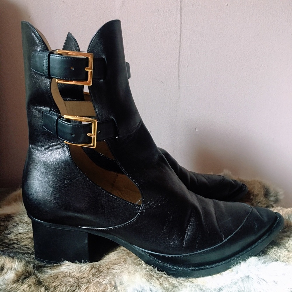 Maiyet Black Leather Cutout Double Buckle Boots