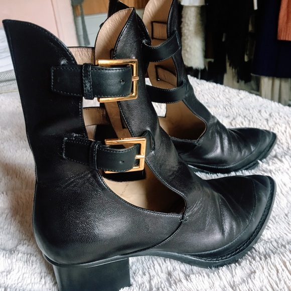 Maiyet Black Leather Cutout Double Buckle Boots - Picture 3 of 6