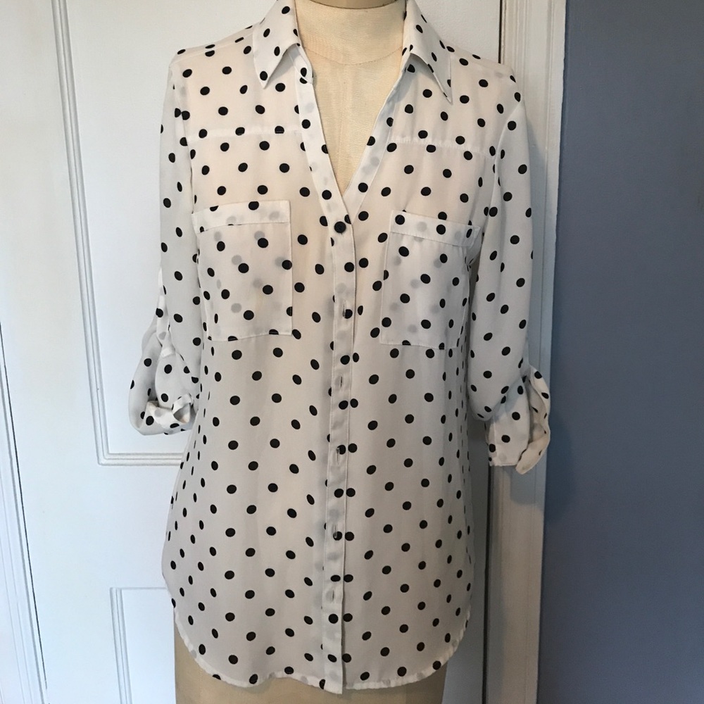WHITE & BLACK POLKA DOT PORTIFINO BUTTON-DOWN TOP