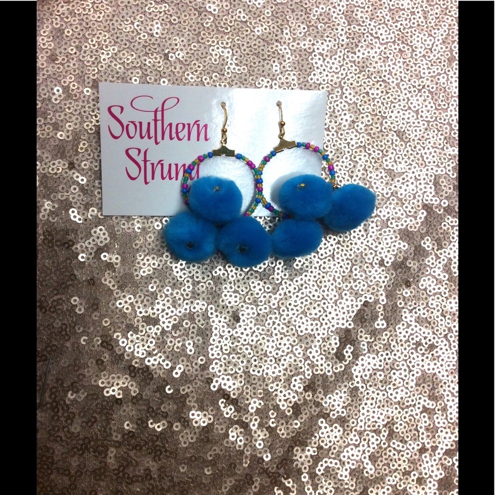 Blue Pom Earrings
