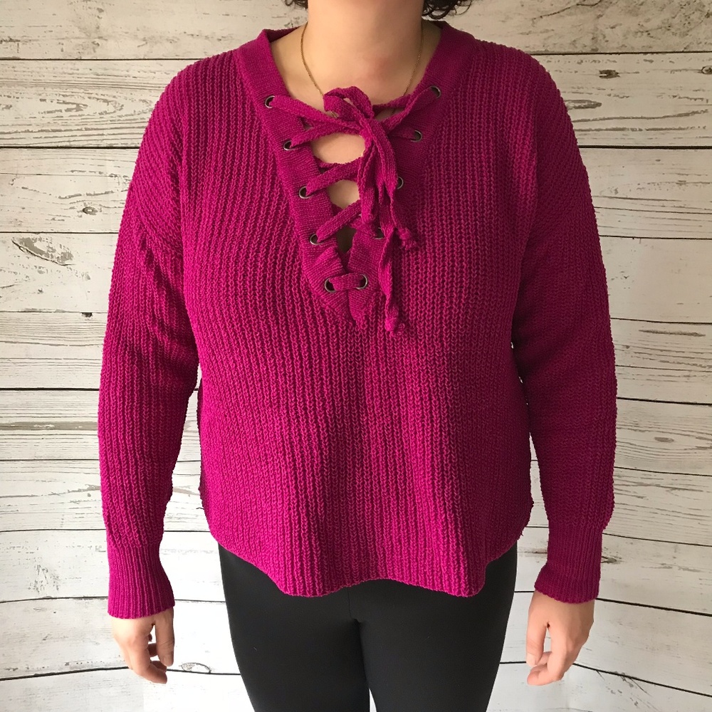 Fuscia Lace Up Knit Sweater Hot Pink