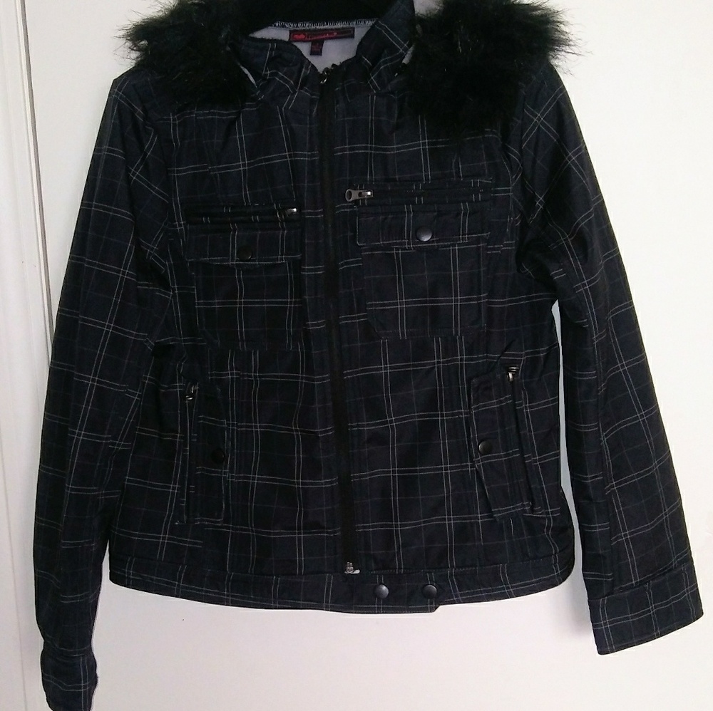 WOMENS BLACK WHITE PLAID FAUX FUR HOODED JACKET SM