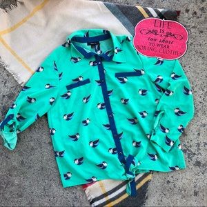 Style & Co Teal Bird Pattern Loose Fit Button-up