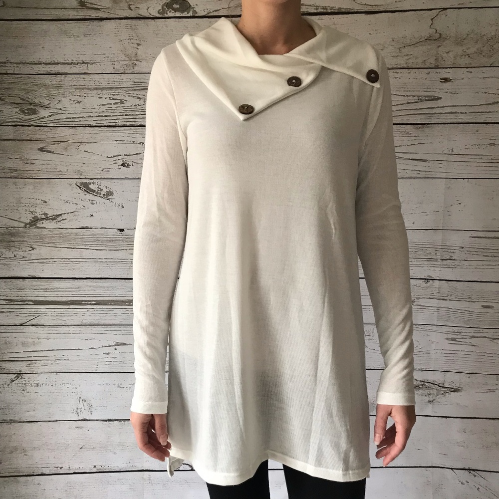 White Tunic Thigh Length Button Neck Detail