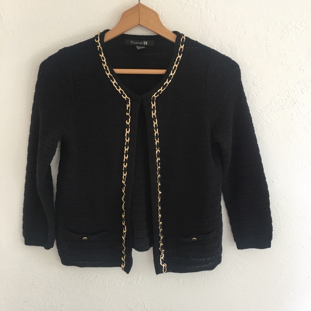 Forever 21 black cardigan with gold chain detail
