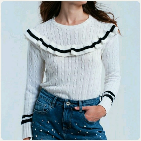 🆕️Winter White Ruffle Neck Cable Knit Feminine Preppy Striped Sweater - Picture 2 of 7