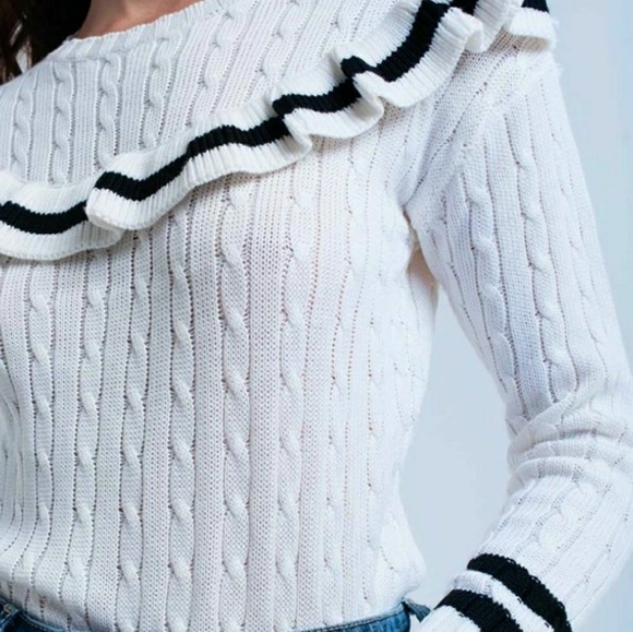 🆕️Winter White Ruffle Neck Cable Knit Feminine Preppy Striped Sweater - Picture 5 of 7