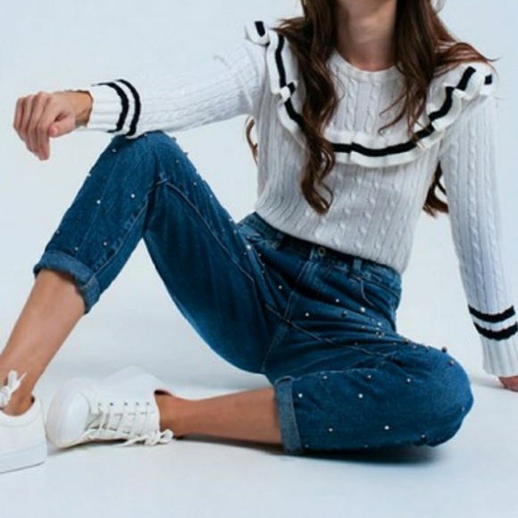 🆕️Winter White Ruffle Neck Cable Knit Feminine Preppy Striped Sweater - Picture 6 of 7