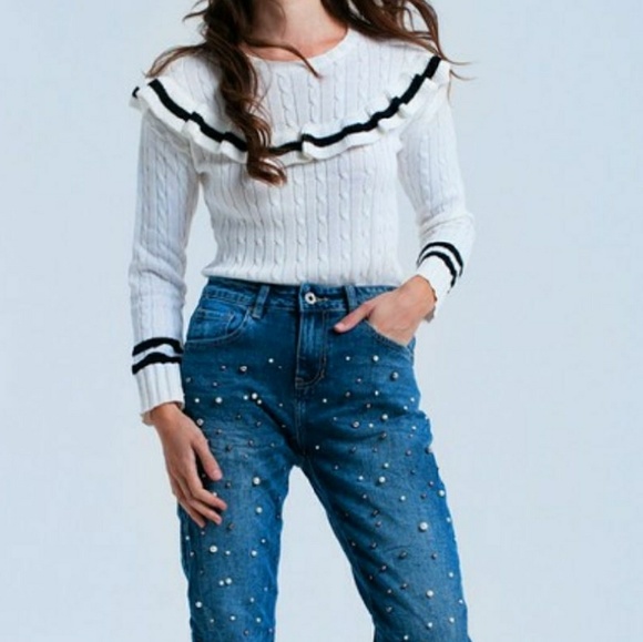 🆕️Winter White Ruffle Neck Cable Knit Feminine Preppy Striped Sweater - Picture 7 of 7