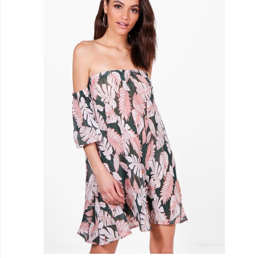 Cute tropical off the shoulder dress by Boohoo
