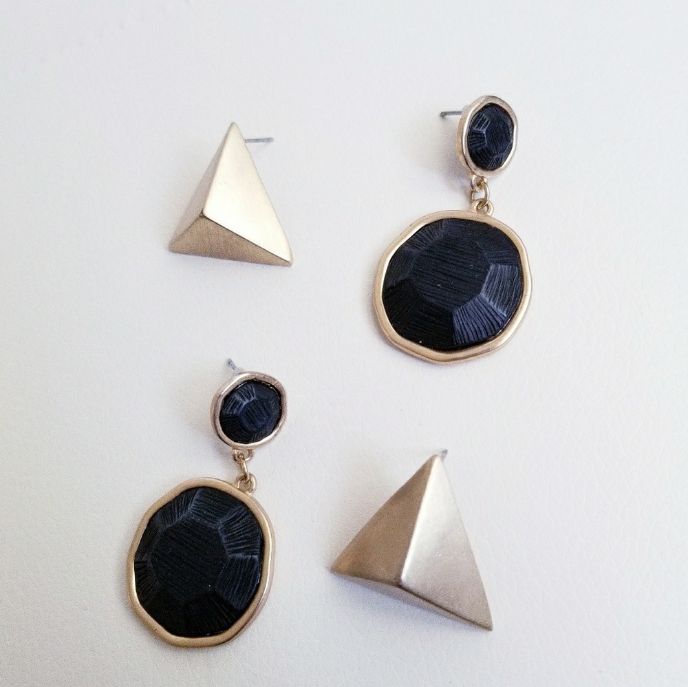 Pyramid stud earrings and Greco pendant earrings