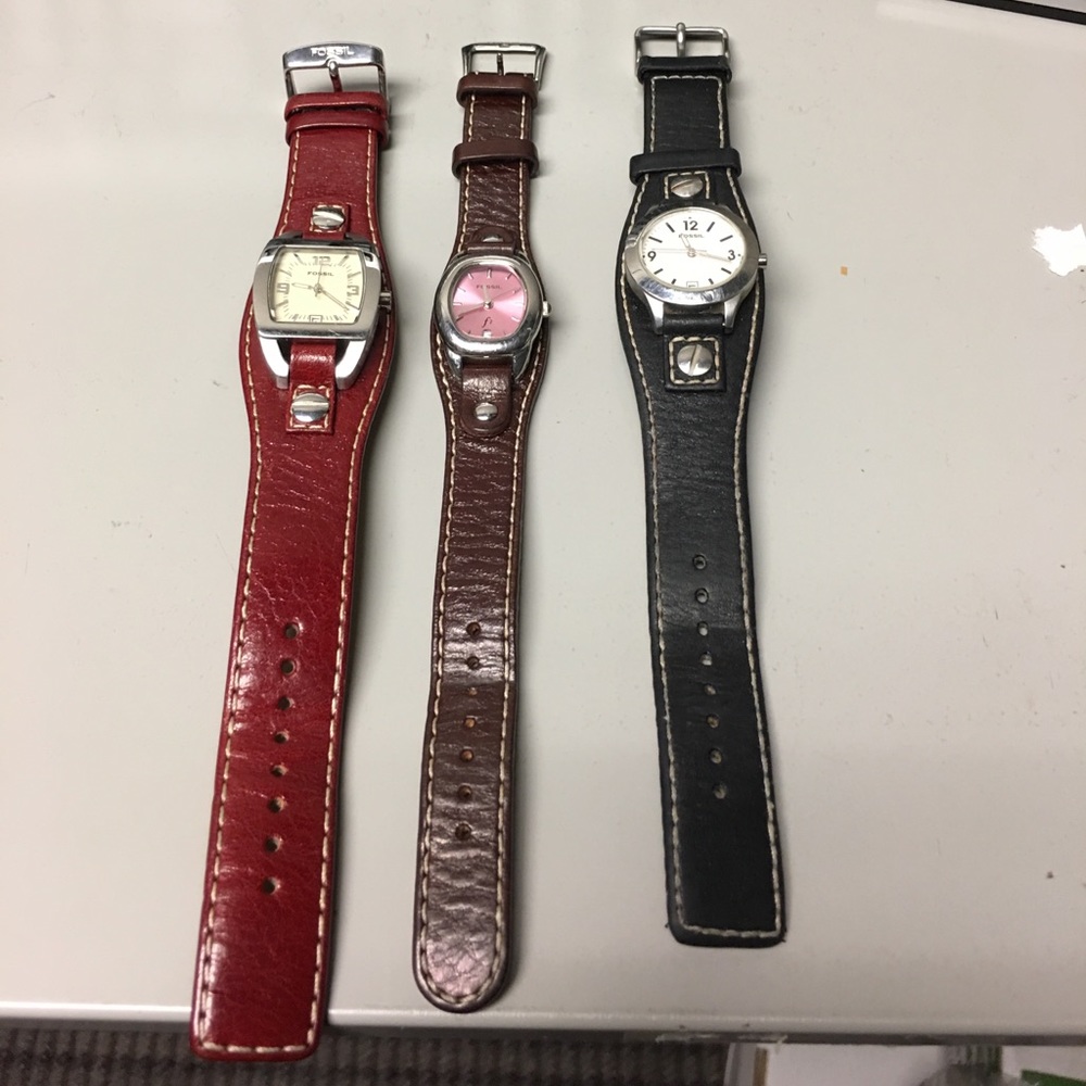 3 Authentic Fossil Leather Band Watches
