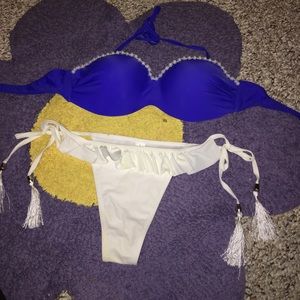 Blue bikini with white thong bikini bottoms