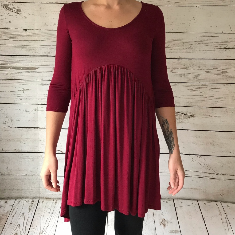 Burgundy Red Dress Tunic 3/4 Sleeve