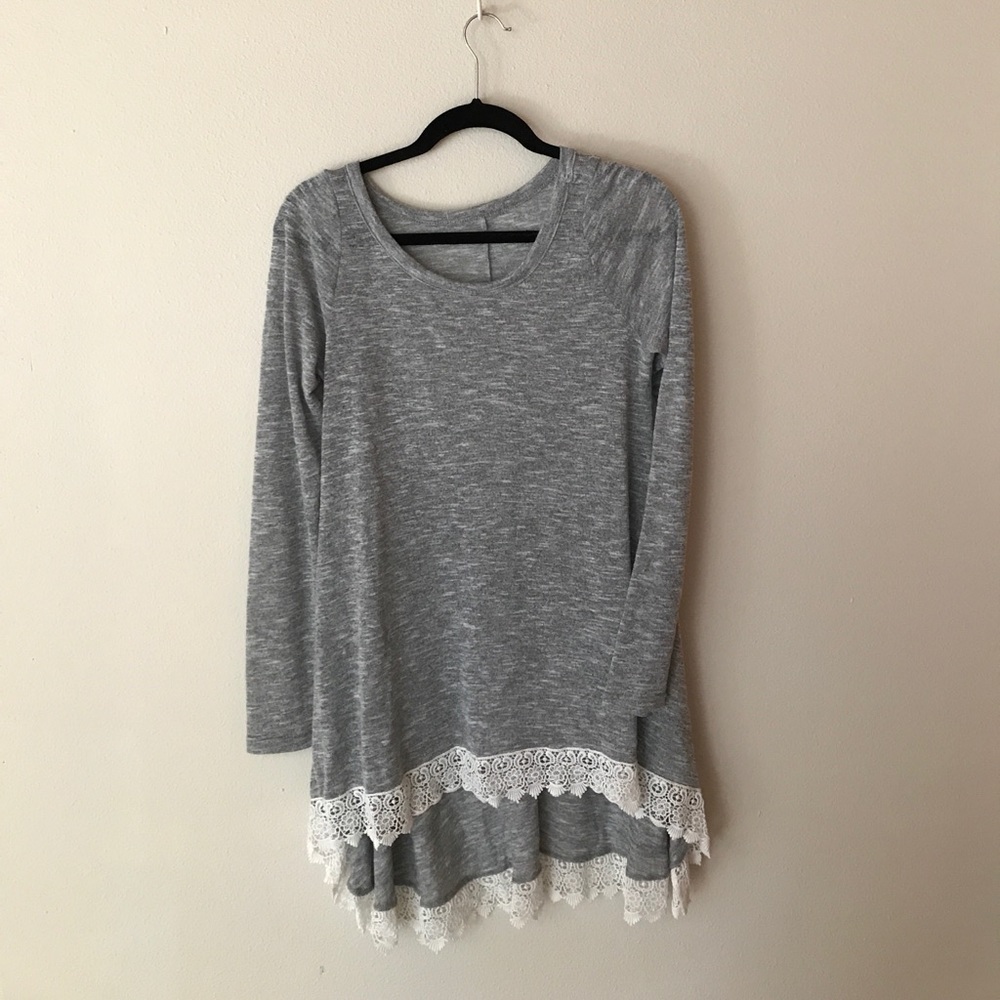 Medium Grey Knit Sweater with Cream Lace Trim