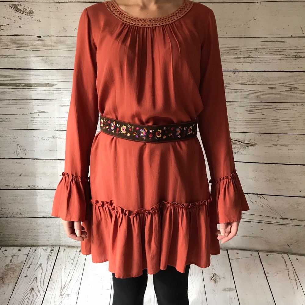 Pastel Burnt Orange BOHO Peasant Dress w Belt