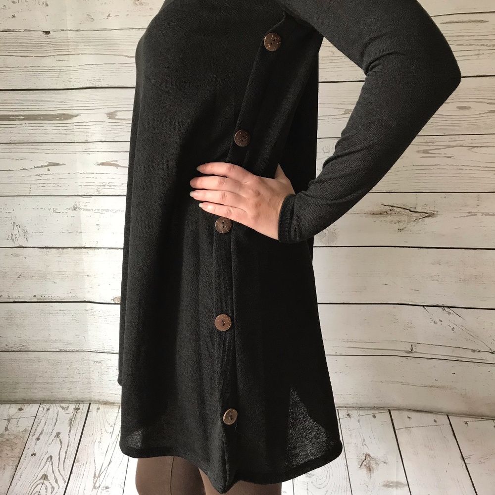 Black Knit Tunic Dress w Button Detail