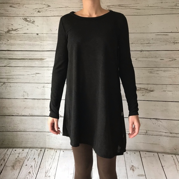 Black Knit Tunic Dress w Button Detail - Picture 3 of 3