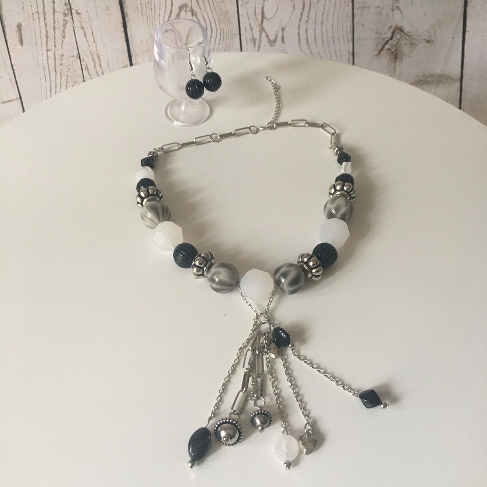 Black Grey White Beaded Necklace and Earring Set
