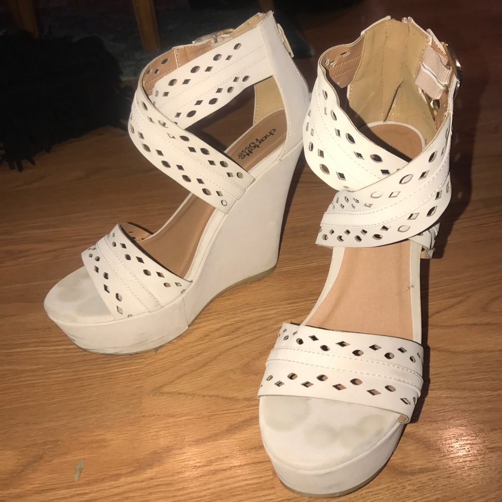 FAUX-SUEDE WEDGES. LIGHTLY WORN. SIZE 8.