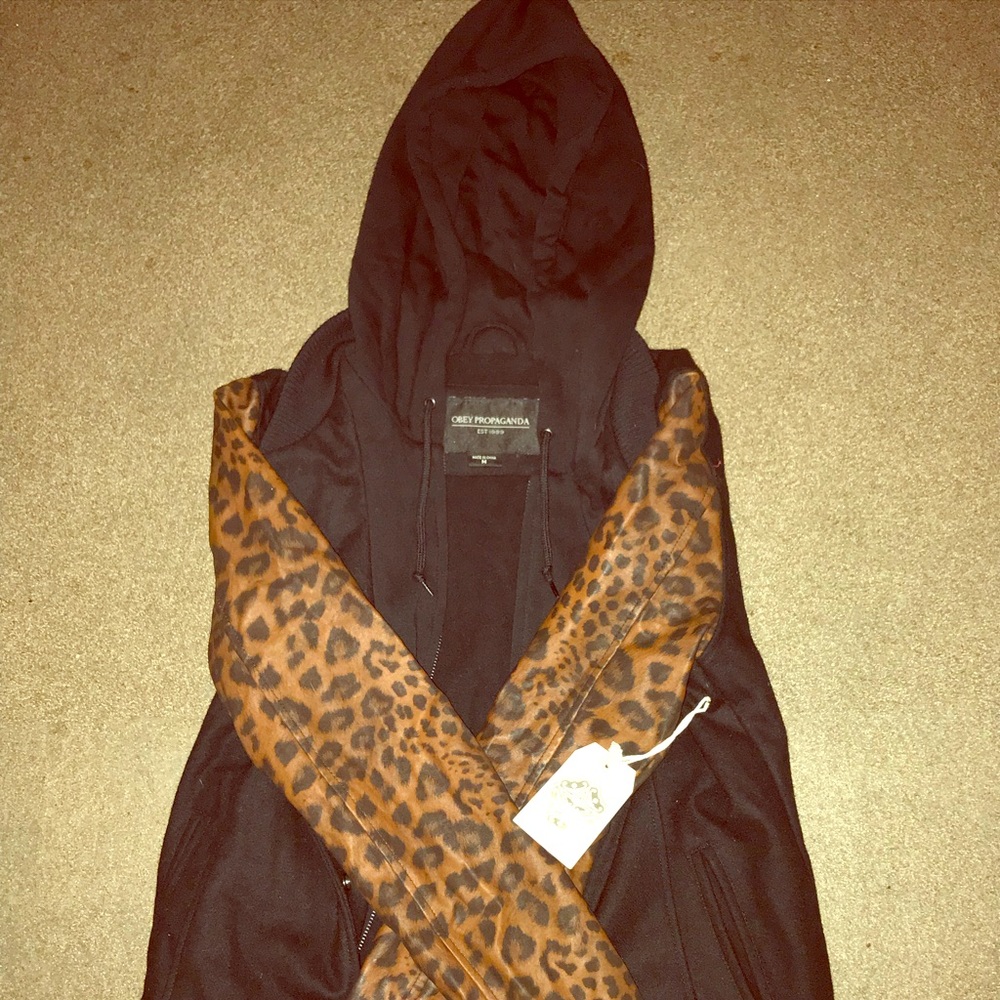 Obey fleece jacket leather leopard sleeves.