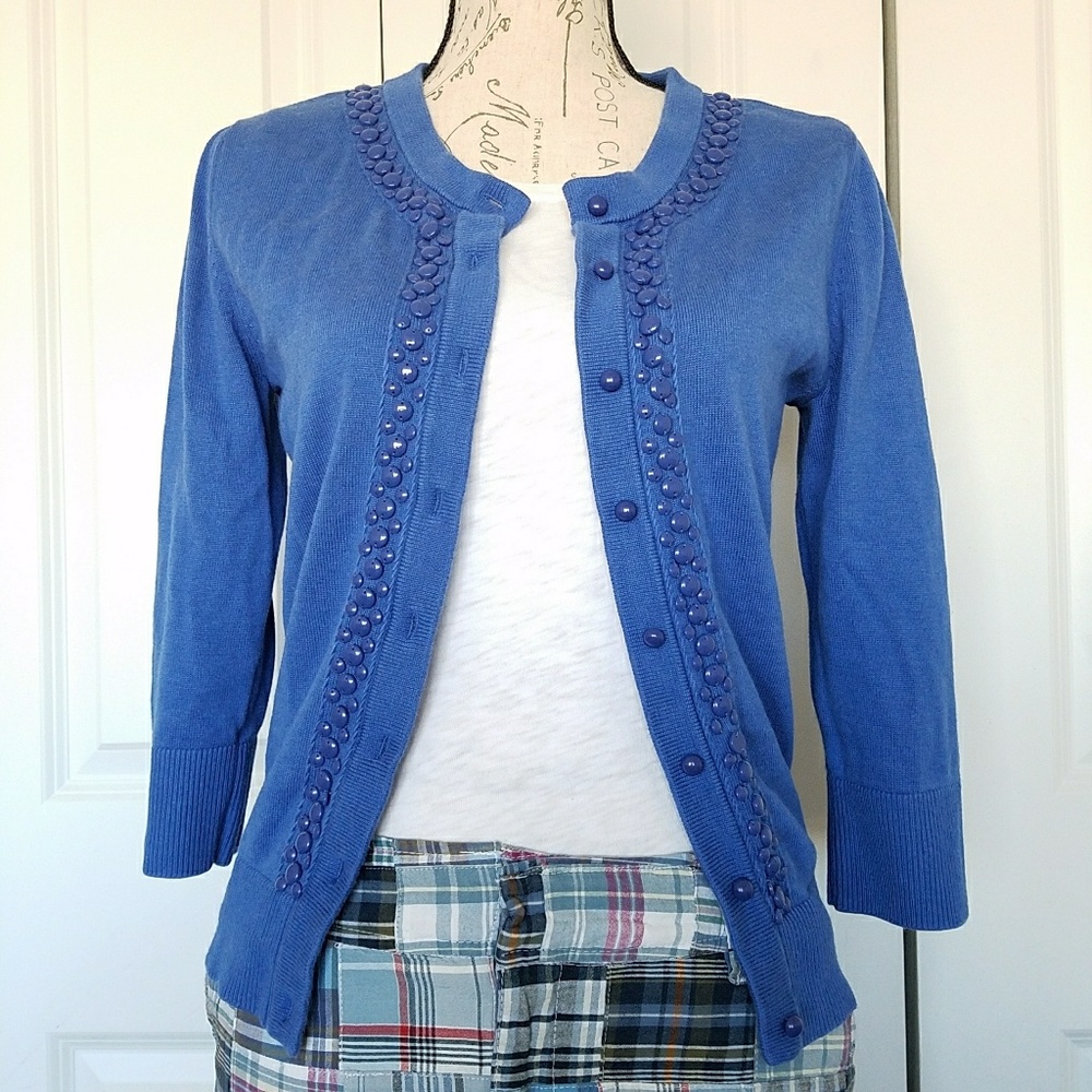 Banana Republic Blue 3/4 Sleeve Beaded Cardigan